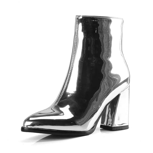Big Size Women Winter Plush Keep Warm Patent Leather Neon Ankle Boots 8cm Block High Heel Designer Chelsea Purple Short Boots