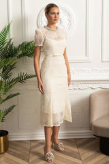 Priya | Short Sleeve Lace Belted Midi Dress