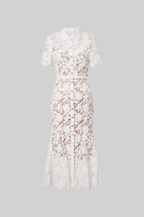 Faye | Lace Short Sleeve Belted Midi Dress