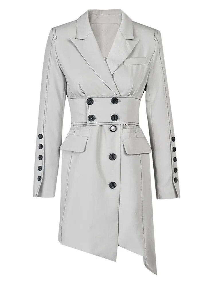 Gray Irregular Hem Belted Blazer Dress