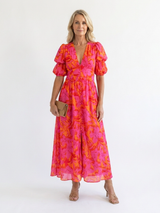 Paloma | Floral V-Neck Puff Sleeve Midi Dress
