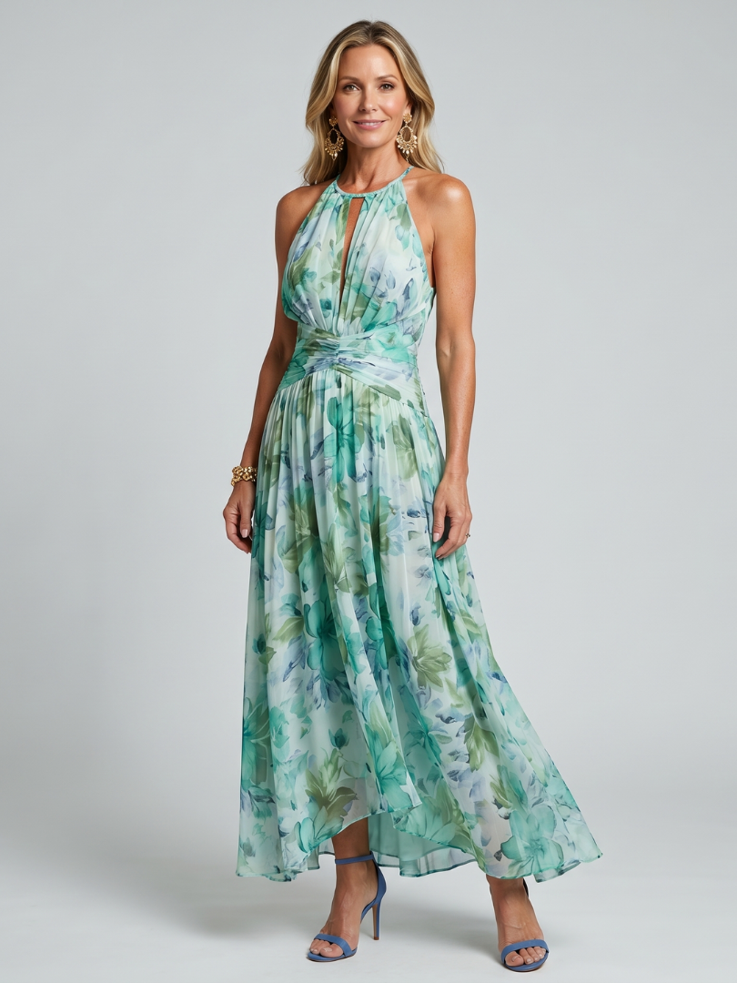 Cora | Pleated Halter Floral Midi Dress