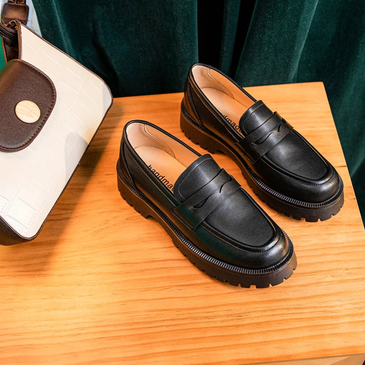 Ladies Loafers Genuine Leather British Style Platform Women's Shoes Large Size Fashion Girls Spring Shoes