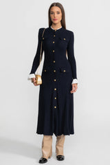 Sable | Ribbed Knit Gold Button Midi Dress