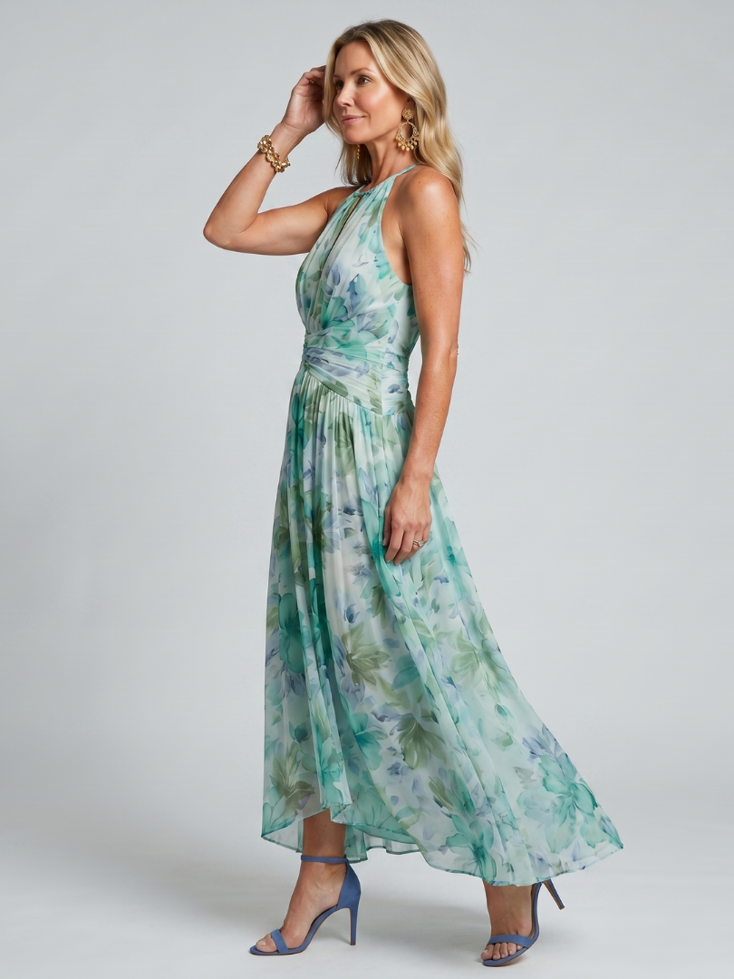 Cora | Pleated Halter Floral Midi Dress