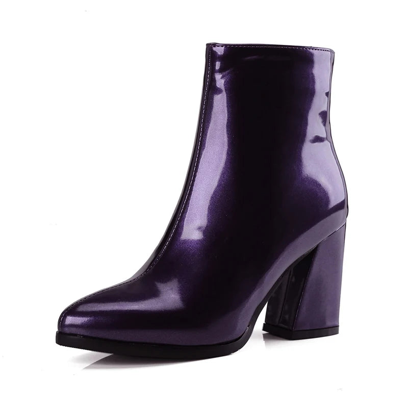 Big Size Women Winter Plush Keep Warm Patent Leather Neon Ankle Boots 8cm Block High Heel Designer Chelsea Purple Short Boots