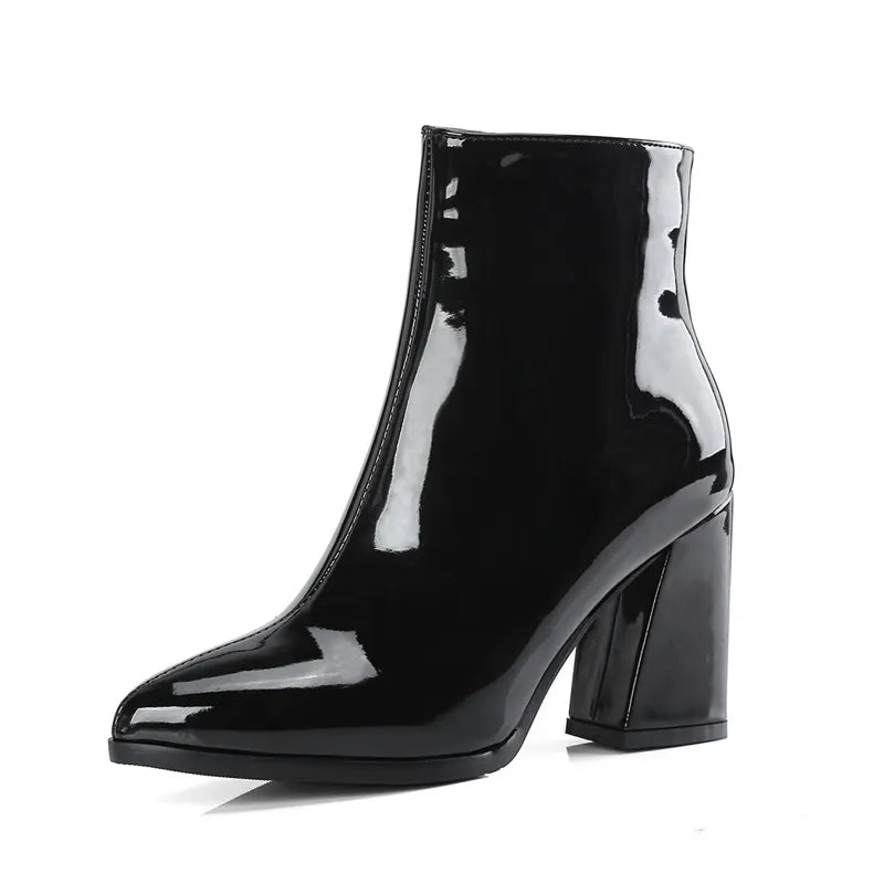 Big Size Women Winter Plush Keep Warm Patent Leather Neon Ankle Boots 8cm Block High Heel Designer Chelsea Purple Short Boots