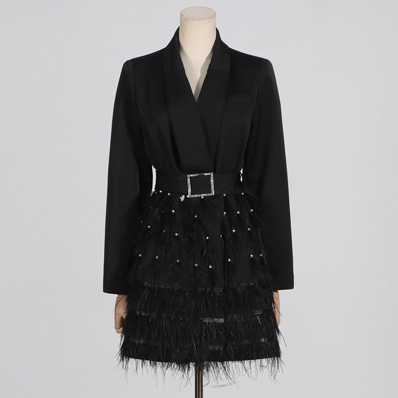 Elegant Fashion Commuting Dress V-neck High-end Beaded Feather Splicing Waist-tightening Blazer Dress