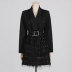 Elegant Fashion Commuting Dress V-neck High-end Beaded Feather Splicing Waist-tightening Blazer Dress
