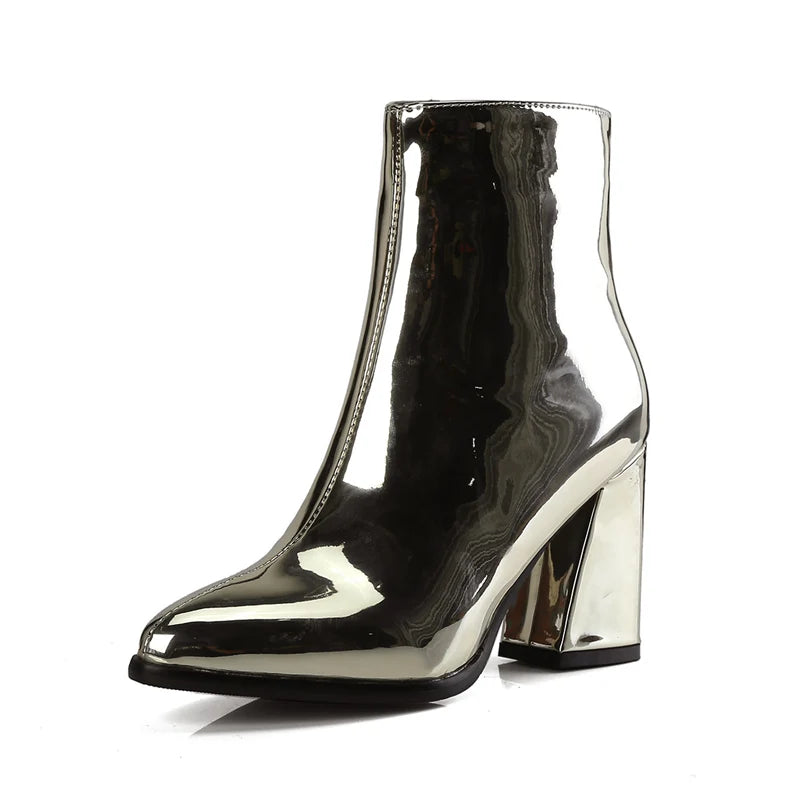 Big Size Women Winter Plush Keep Warm Patent Leather Neon Ankle Boots 8cm Block High Heel Designer Chelsea Purple Short Boots