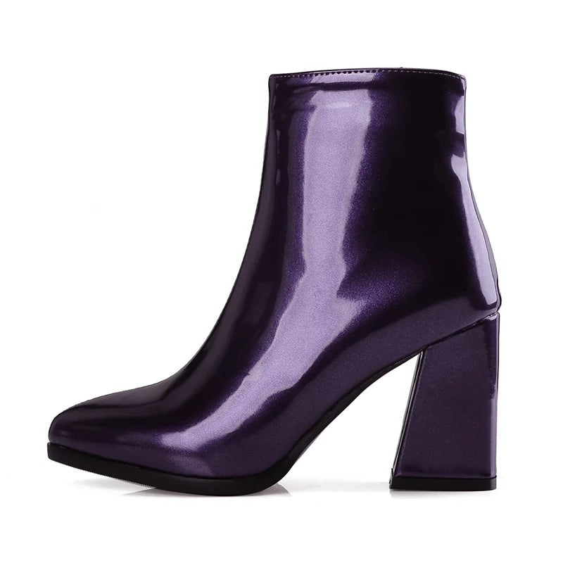 Big Size Women Winter Plush Keep Warm Patent Leather Neon Ankle Boots 8cm Block High Heel Designer Chelsea Purple Short Boots