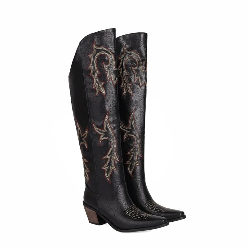 Western Cowboy Boots For Women High Heels Over the Knee Boots Ladies Pointed Toe Chunky Heel Cowgirl Boots