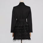 Elegant Fashion Commuting Dress V-neck High-end Beaded Feather Splicing Waist-tightening Blazer Dress