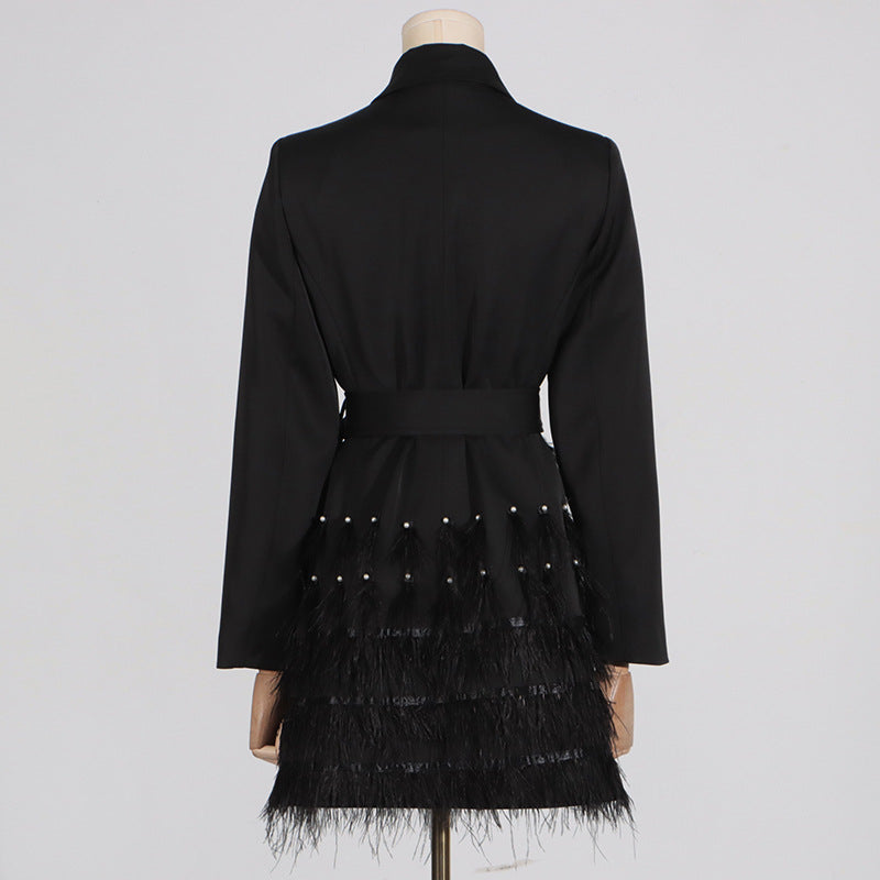 Elegant Fashion Commuting Dress V-neck High-end Beaded Feather Splicing Waist-tightening Blazer Dress