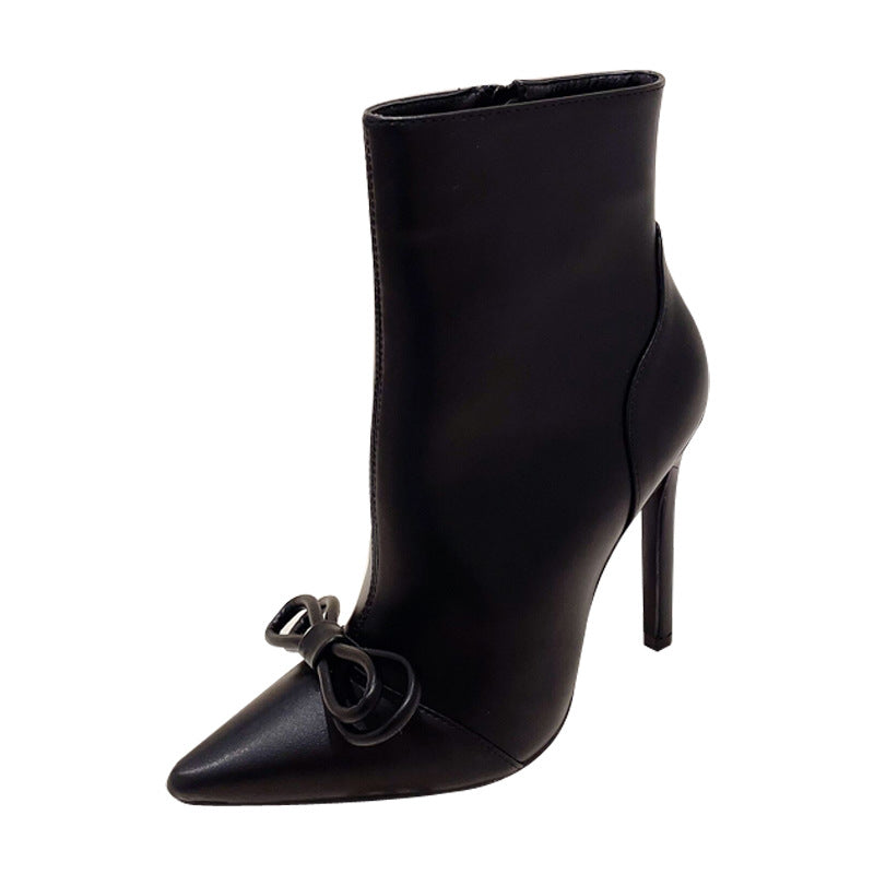 Bow Design Slim Pointed toe Chelsea Boots Women Black White Real Leather Thin High Heel Anakle Boots Sexy Brand Boots Woman
