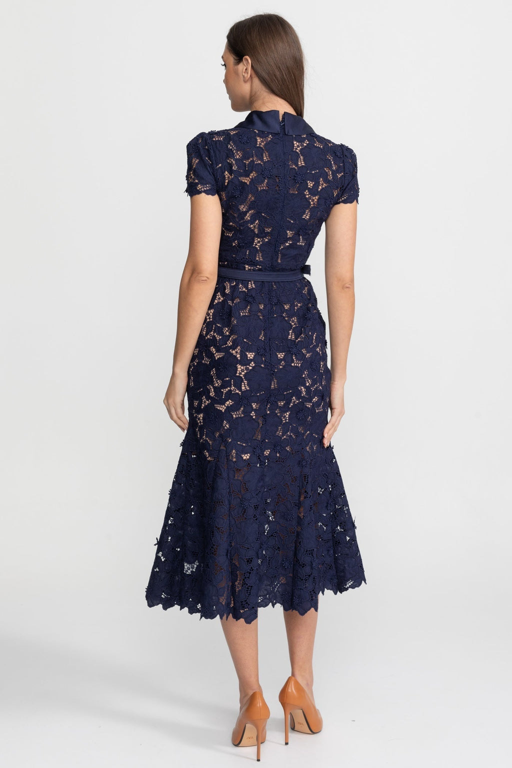 Edith | Collared Lace Belted Midi Dress