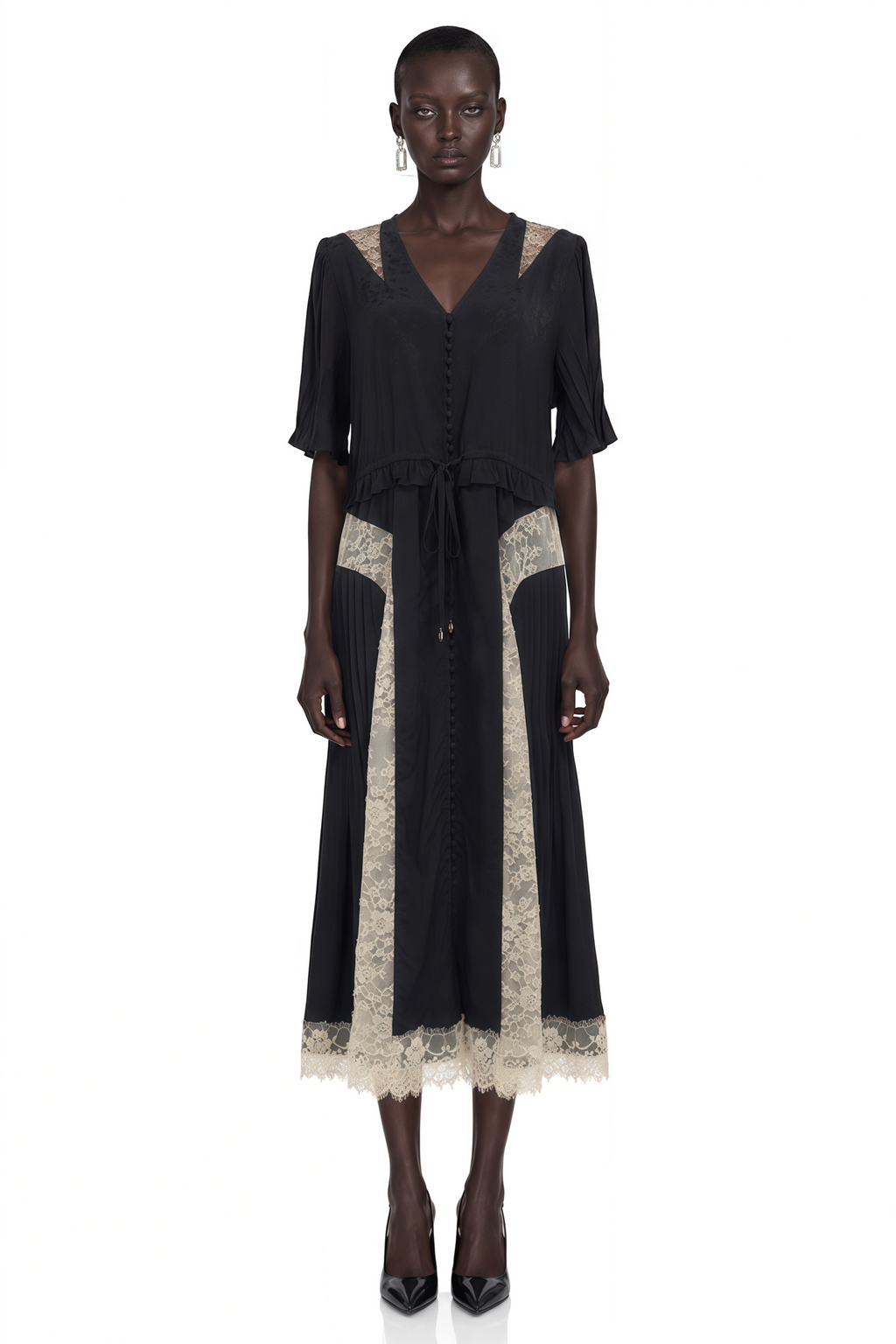 Florencia | V-Neck Contrast Lace Panel Midi Dress