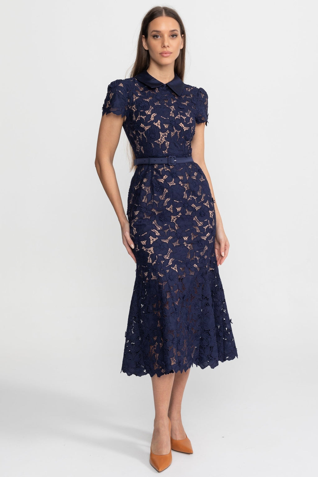 Edith | Collared Lace Belted Midi Dress