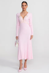 Nina | Ribbed Lace-Trim Long Sleeve Midi Dress