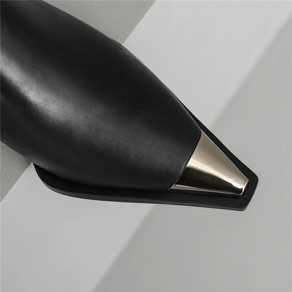 Fashion Splicing Genuine Leather Women Ankle Boots Thick Heels Metal Decoration Office Lady Autumn Winter Chelsea Boots