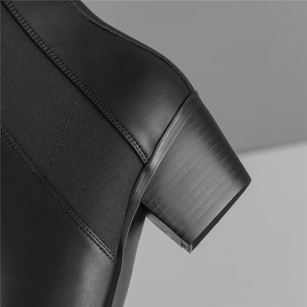 Fashion Splicing Genuine Leather Women Ankle Boots Thick Heels Metal Decoration Office Lady Autumn Winter Chelsea Boots