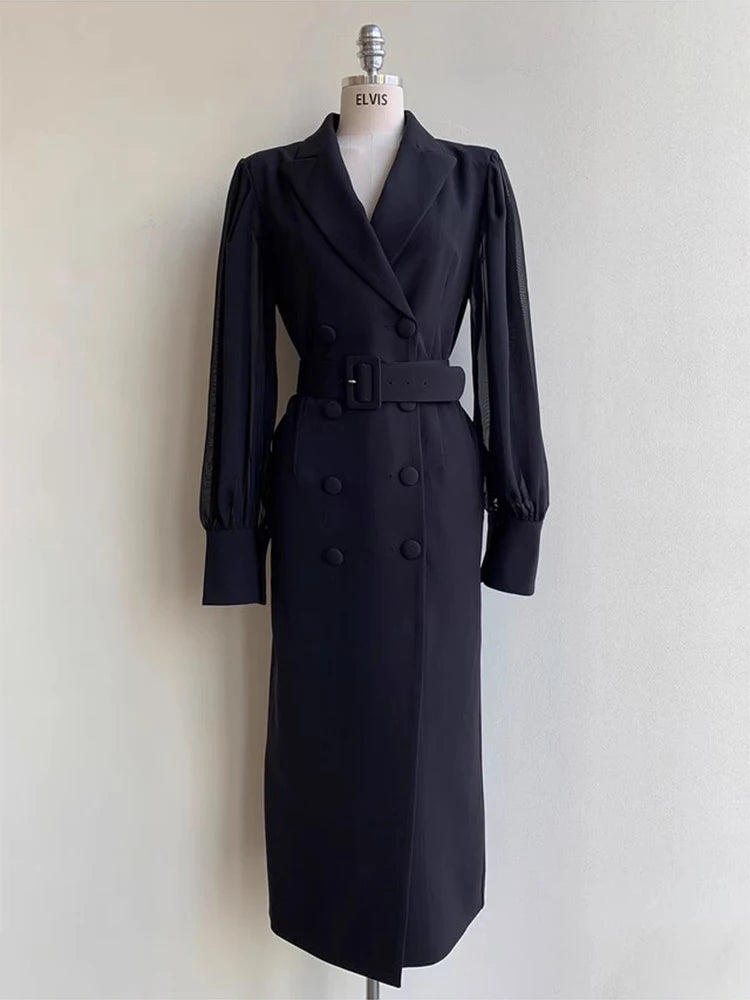 Korean chic Double Breasted Lantern Sleeve Belt Blazer Dress Fashion Elegant Waist Dresses Women Spring Summer