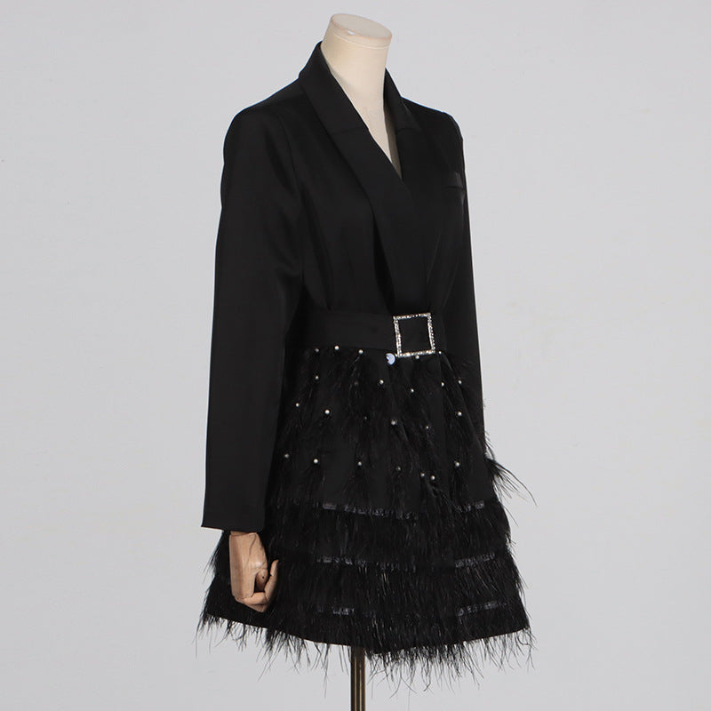 Elegant Fashion Commuting Dress V-neck High-end Beaded Feather Splicing Waist-tightening Blazer Dress