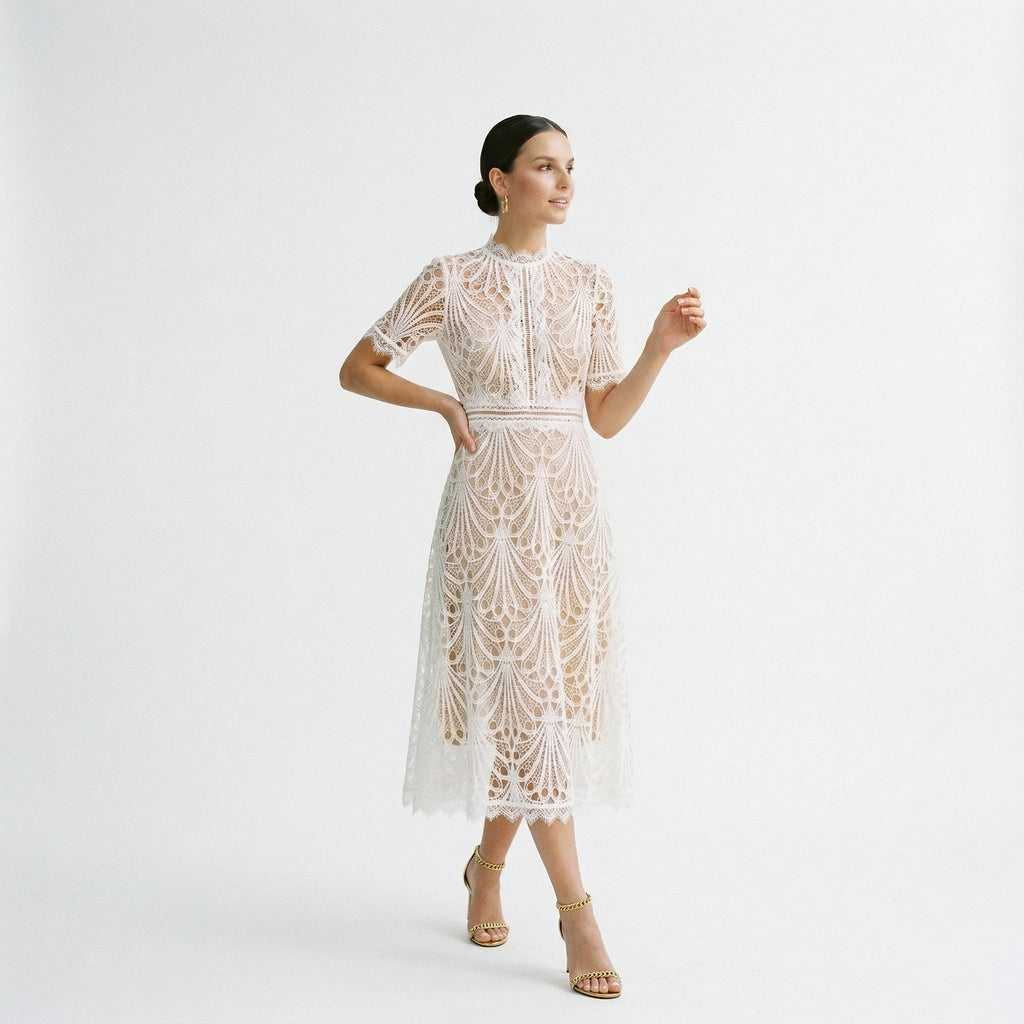 Ada | Lace-Trim Wedding Guest Midi Dress