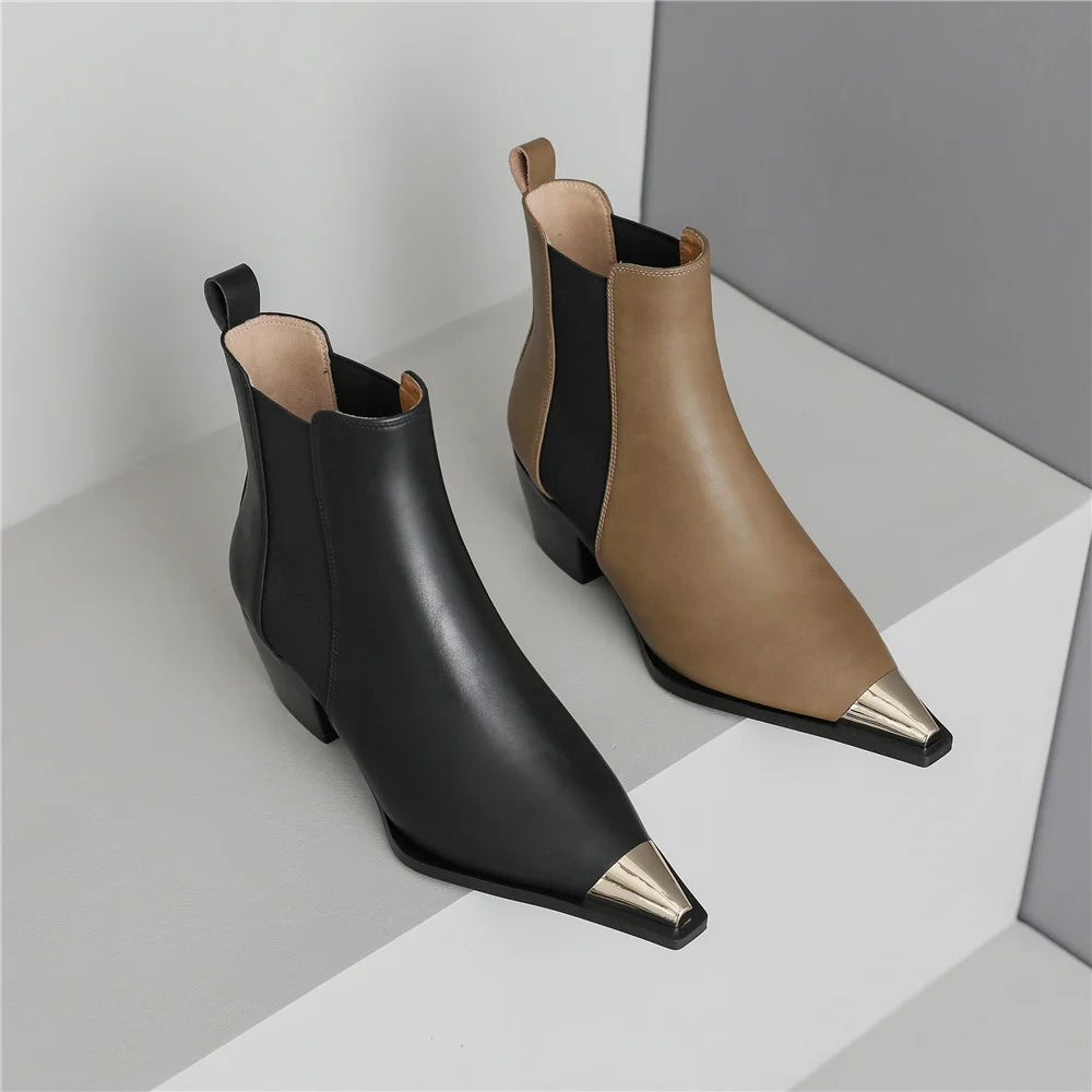 Fashion Splicing Genuine Leather Women Ankle Boots Thick Heels Metal Decoration Office Lady Autumn Winter Chelsea Boots