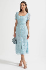 Azure | Baby Blue Lace-Trim Midi Dress