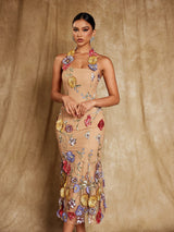 Giselle | Halter Neck Floral Embroidered Midi Dress