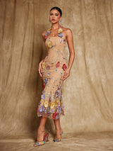 Giselle | Halter Neck Floral Embroidered Midi Dress