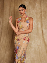 Giselle | Halter Neck Floral Embroidered Midi Dress