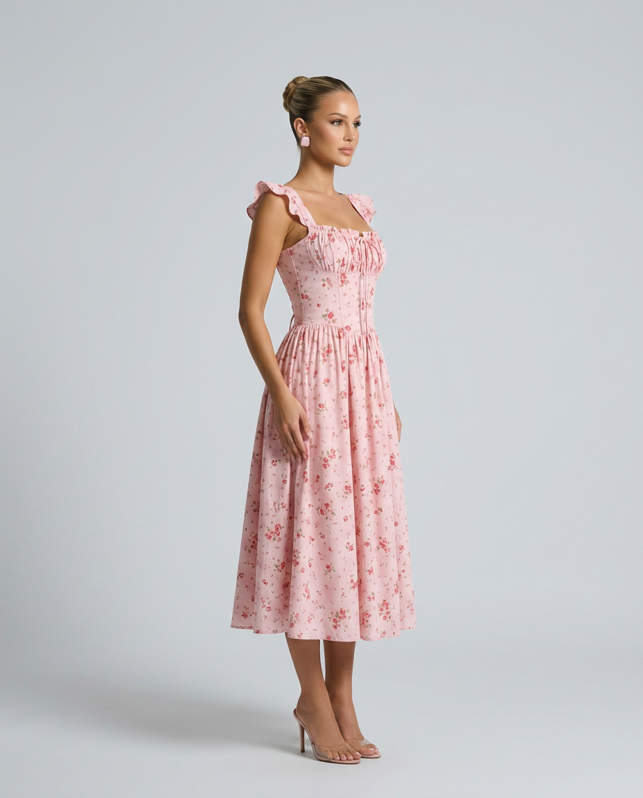 Tabitha | Midi Sundress with Floral Print and Lace-Up Back
