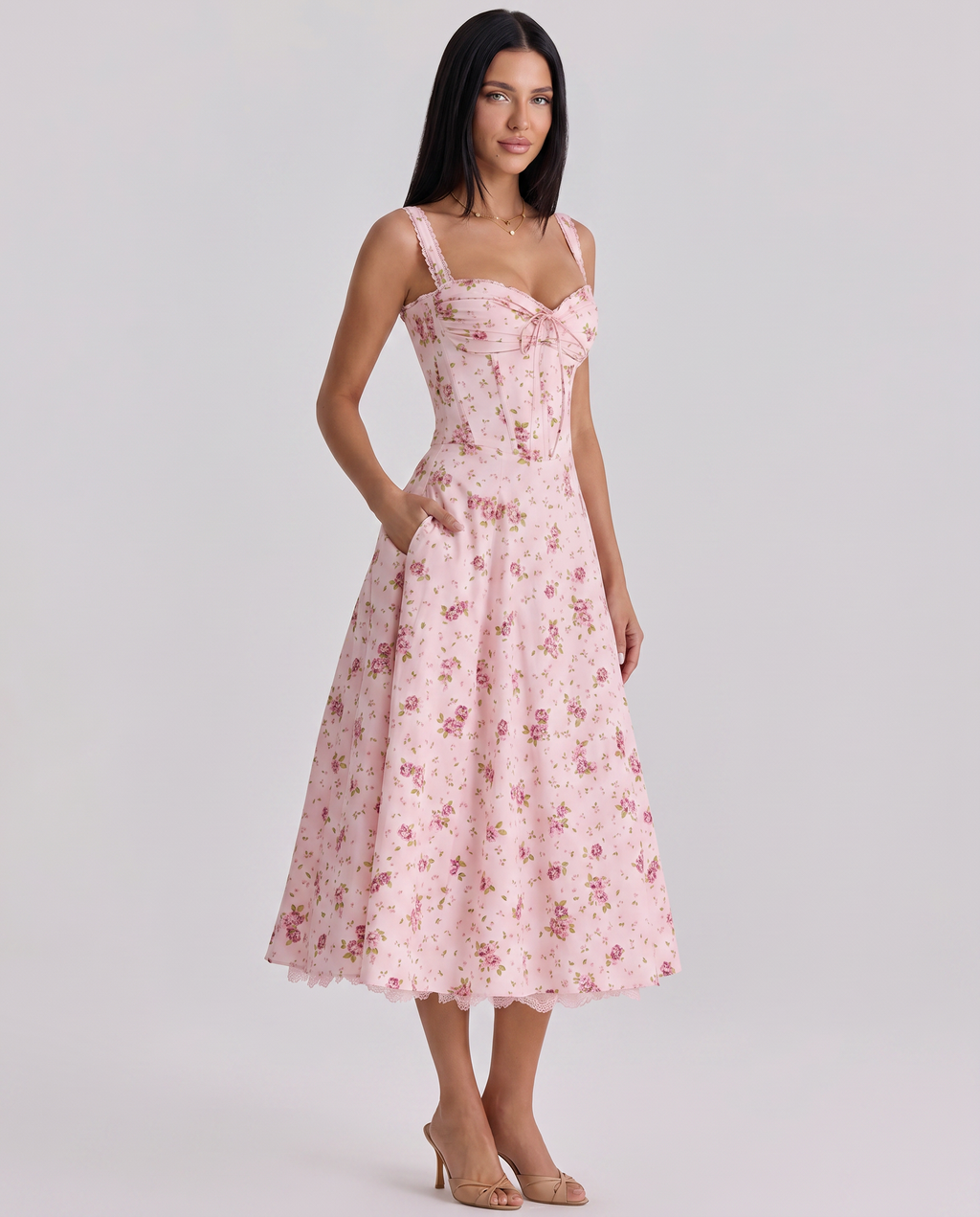 Frances | Midi Dress with Floral Print and Corset Bodice
