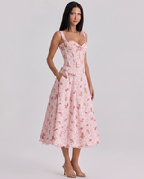 Frances | Midi Dress with Floral Print and Corset Bodice