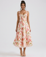 Alberta | Midi Dress with Ribbon Print and Fitted Bodice