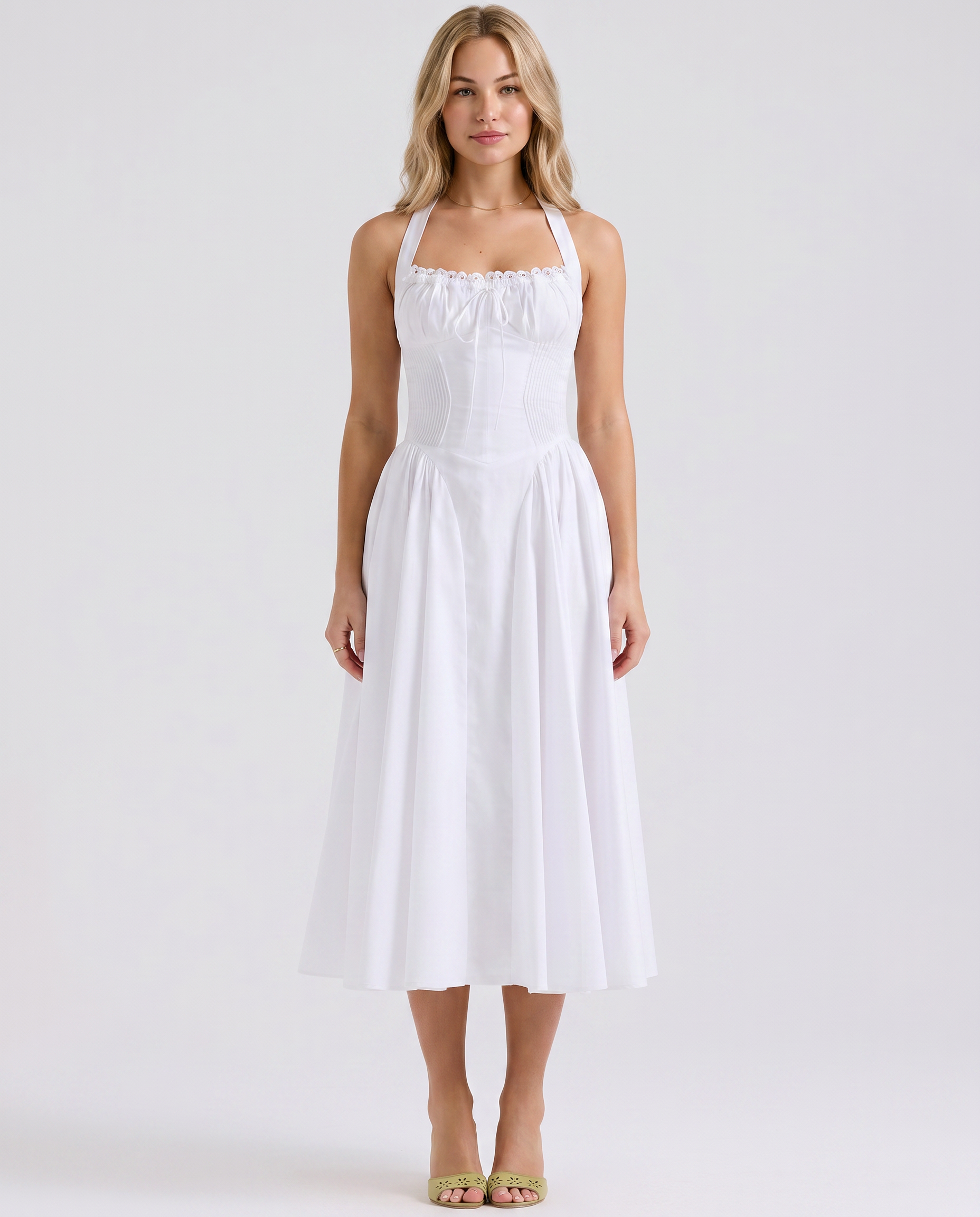 Alba | Midi Dress with Halter Neck and Gathered Bodice