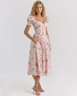 Kaye | Puff Sleeve Midi Dress with Corset Bodice