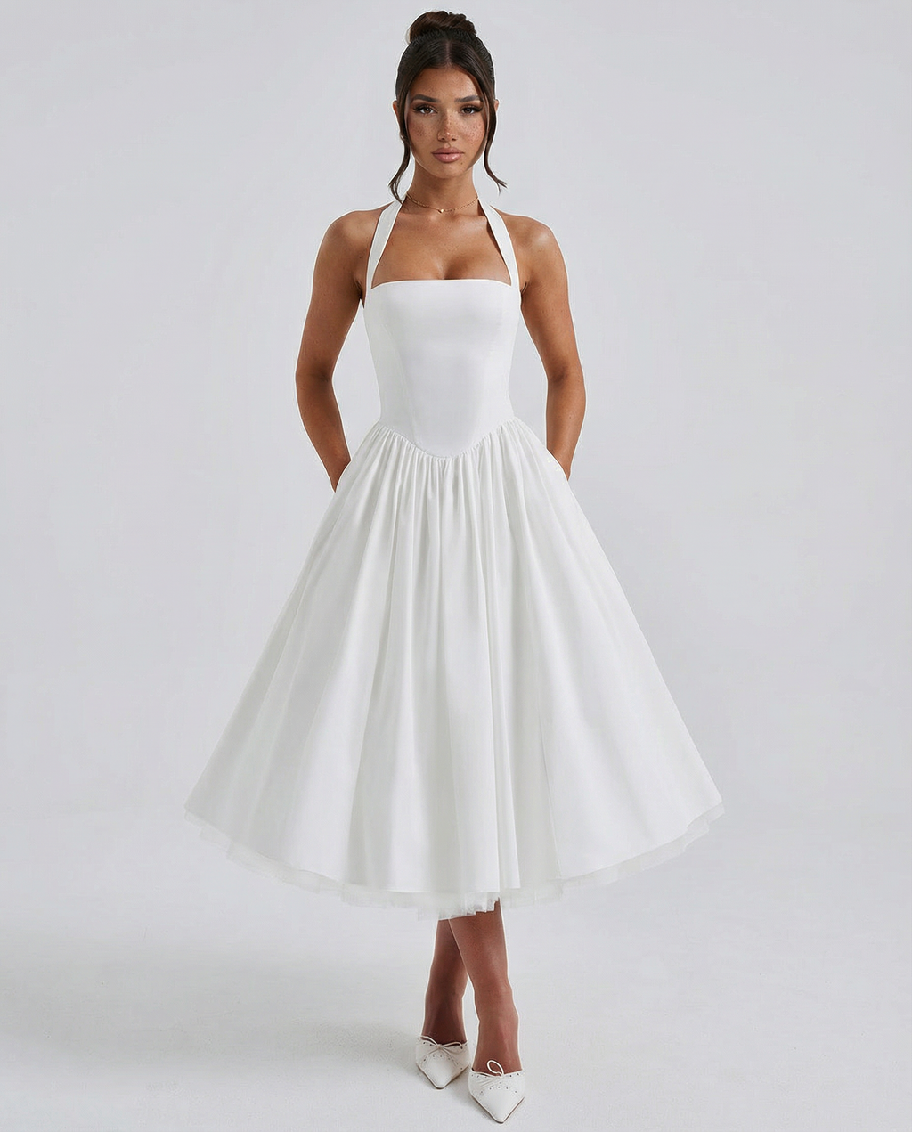 Lena | Midi Halter Neck Lace-Up Back Dress