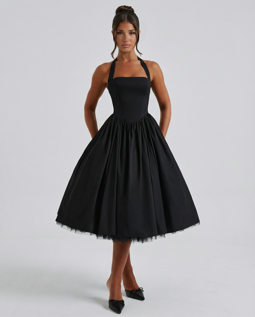 Lena | Midi Halter Neck Lace-Up Back Dress