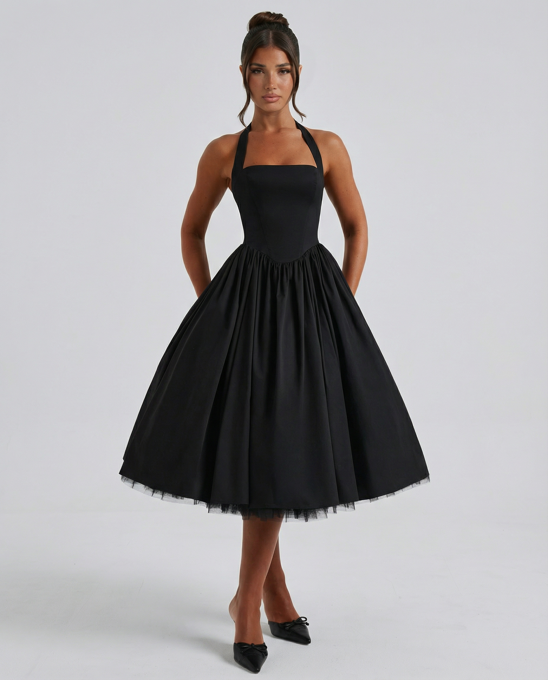 Lena | Midi Halter Neck Lace-Up Back Dress