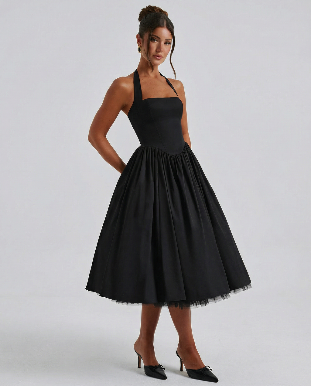 Lena | Midi Halter Neck Lace-Up Back Dress