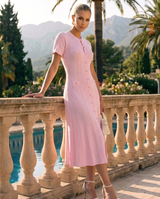 Noor | Scalloped Sleeve Button-Front Knit Midi Dress