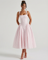 Francesca | Midi Dress with Gingham Corset and Square Neck