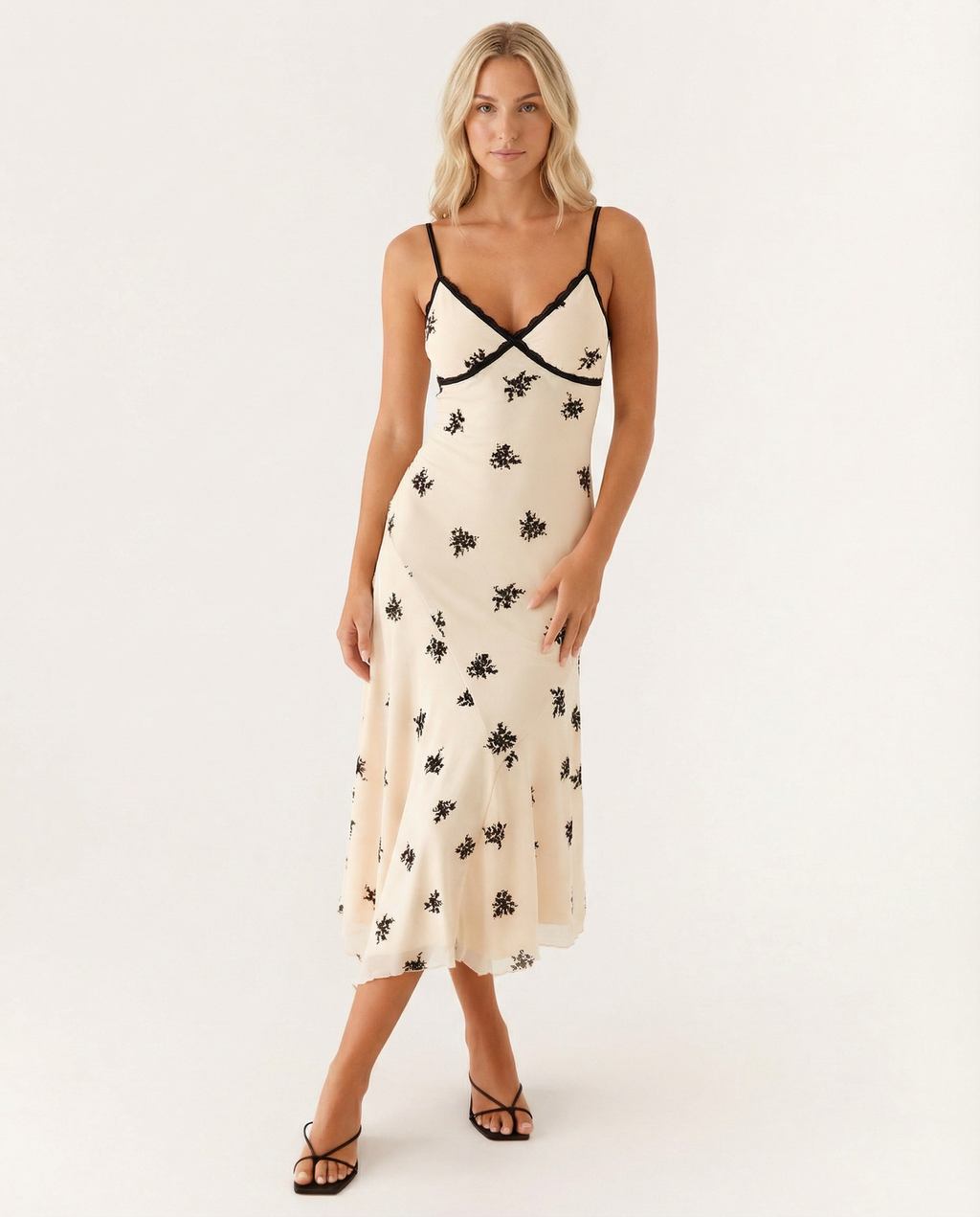 Marsha | Midi Dress with Lace Trim and Floral Embroidery