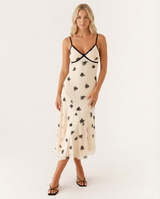 Marsha | Midi Dress with Lace Trim and Floral Embroidery