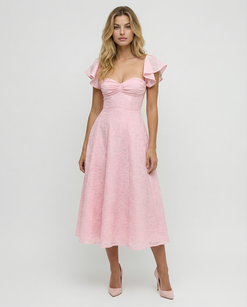 Samantha | Floral Jacquard Midi Dress with Butterfly Sleeves