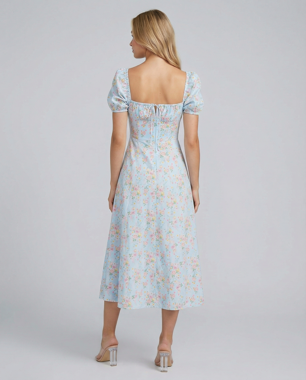 Madeline | Floral Puff Sleeve Boho Midi Dress with Corset Bodice