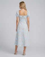 Madeline | Floral Puff Sleeve Boho Midi Dress with Corset Bodice